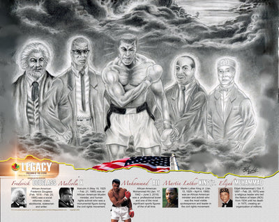 “An educational poster, ideal for Black History Month featuring abolitionist Frederick Douglass, leader Malcom X, boxer Muhammad Ali, civil rights leader Martin Luther King jr., and Nation of Islam leader Elijah Muhammad created by African-Canadian artist Robert Small.”