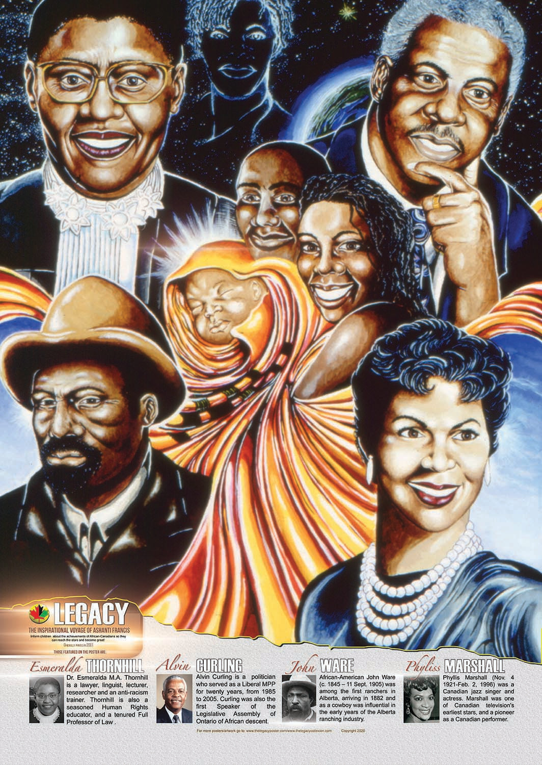 “An educational poster, ideal for Black History Month featuring lawyer Dr. Esmeralda Thornhill, politician Alvin Curling, cowboy John Ware, and entertainer/singer Phyliss Marshall created by African-Canadian artist Robert Small.”