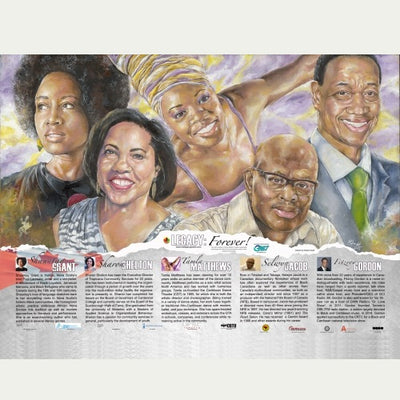 “An educational poster, ideal for Black History Month featuring Shauntay Grant, Sharon Shelton, Tamla Matthews, Selwyn Jacobs, and Fitzroy Gordon created by African-Canadian artist Robert Small.”