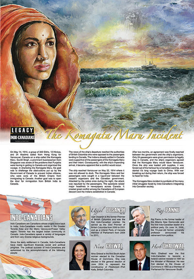 An educational poster highlighting Indo-Canadian history, ideal for Canada’s Asian Heritage Month. This poster features the Komagata Maru steamship incident and spotlights four Indo-Canadians who have participated in Canadian governance: Ujjal Dosanjh, Raj Pannu, Nina Grewal, and Herb Dhaliwal. Created by African-Canadian artist Robert Small.