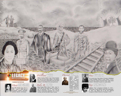 “An educational poster, ideal for Black History Month featuring abolitionist Mary Ann Shadd, reverend Captain William White, lawyer Delos Rogest Davis, freedom fighter Harriet Tubman, officer Peter Butler III and journalist Kay Livingstone created by African-Canadian artist Robert Small.”