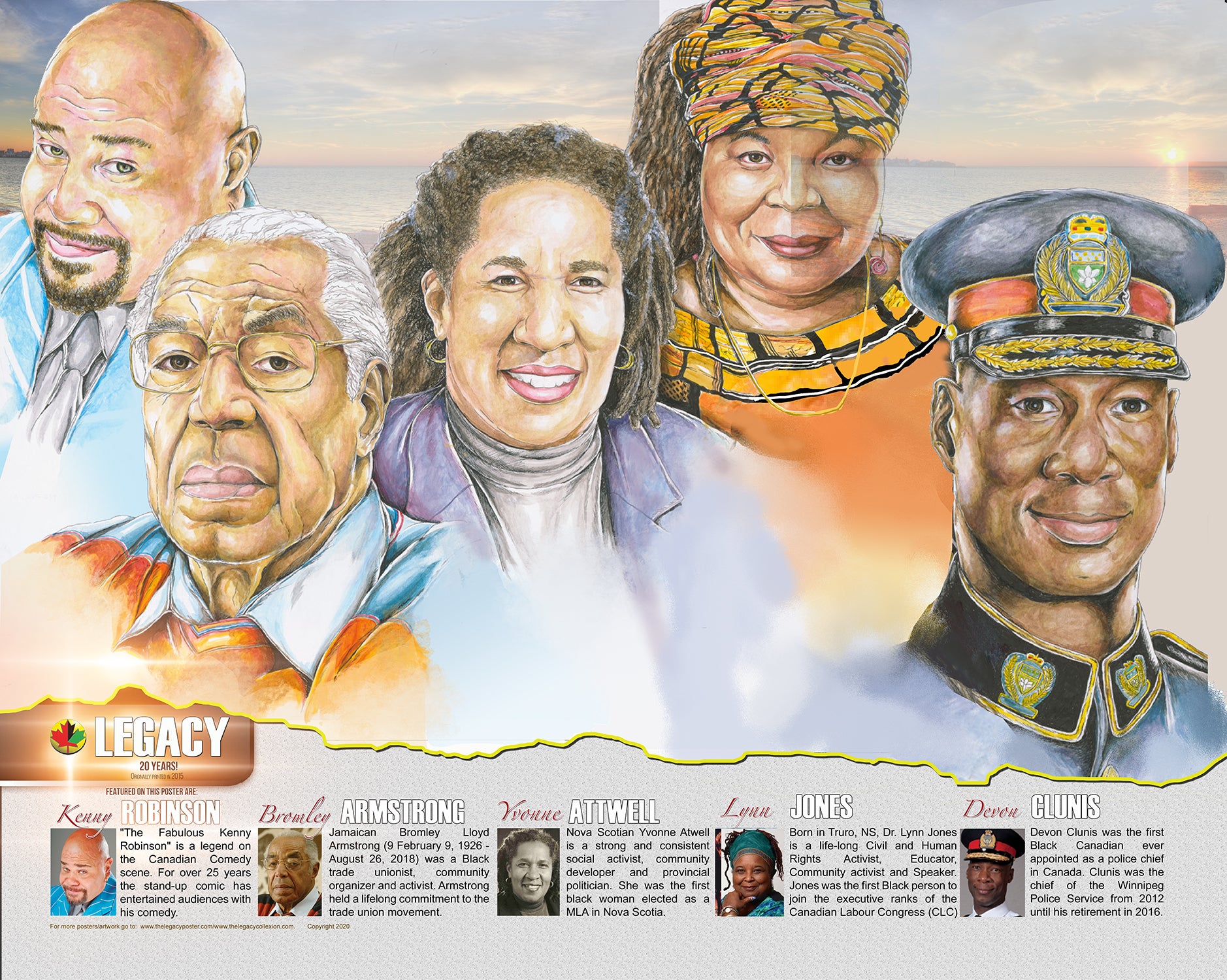 “An educational poster, ideal for Black History Month featuring actor/comedian Kenny Robinson, labour activist Bromley Armstrong, community activists Yvonne Atwell and Lynn Jones as well as Police Chief Devon Clunis created by African-Canadian artist Robert Small.”