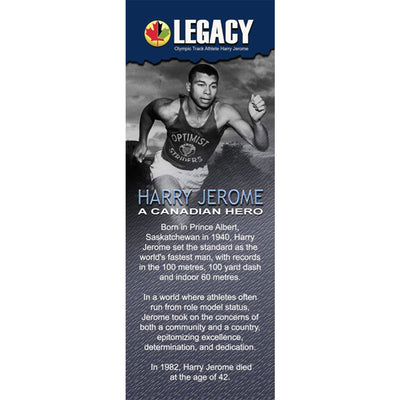 A bookmark, ideal for Black History Month featuring African-Canadian Harry Jerome, created by African-Canadian artist Robert Small.