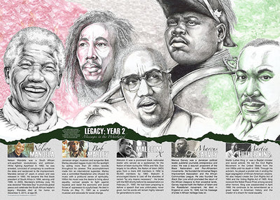 “An educational poster, ideal for Black History Month featuring Nelson Mandela, former President of South Africa and activist, singer and revolutionary Bob Marley, activist and leader Malcolm X, leader Marcus Garvey and the icon of the civil rights movement Martin Luther King Jr. created by African-Canadian artist Robert Small.”