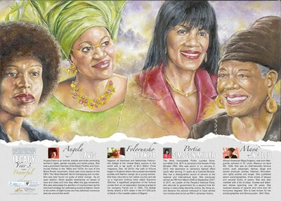 “An educational poster, ideal for Black History Month featuring activist Angela Davis, billionaire and oil tycoon Folorunsho Alakija, Jamaican Prime Minister Portia Simpson-Miller, and poet Maya Angelou created by African-Canadian artist Robert Small.”