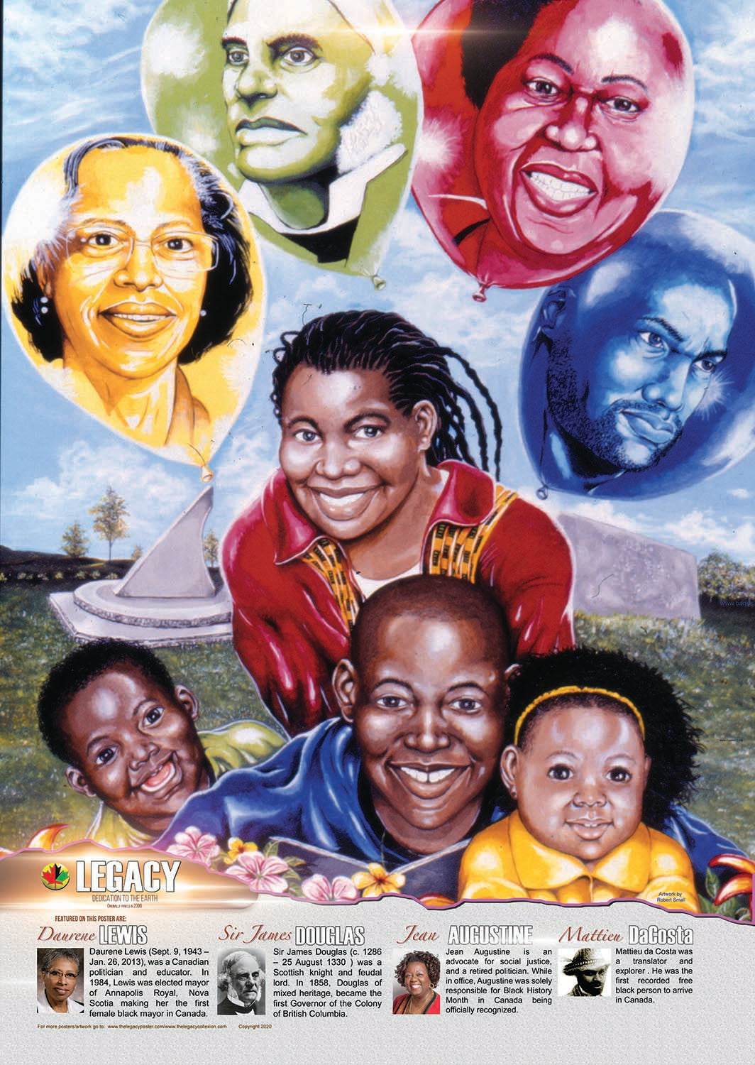 “An educational poster, ideal for Black History Month featuring politician Dr. Daurene Lewis, Governor Sir James Douglas, politician Jean Augustine and explorer Mattieu DaCosta created by African-Canadian artist Robert Small.”