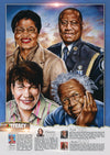 “An educational poster, ideal for Black History Month featuring Dr. Joyce Ross, Keith Forde, Francoise Baylis and Austin Clarke created by African-Canadian artist Robert Small.”