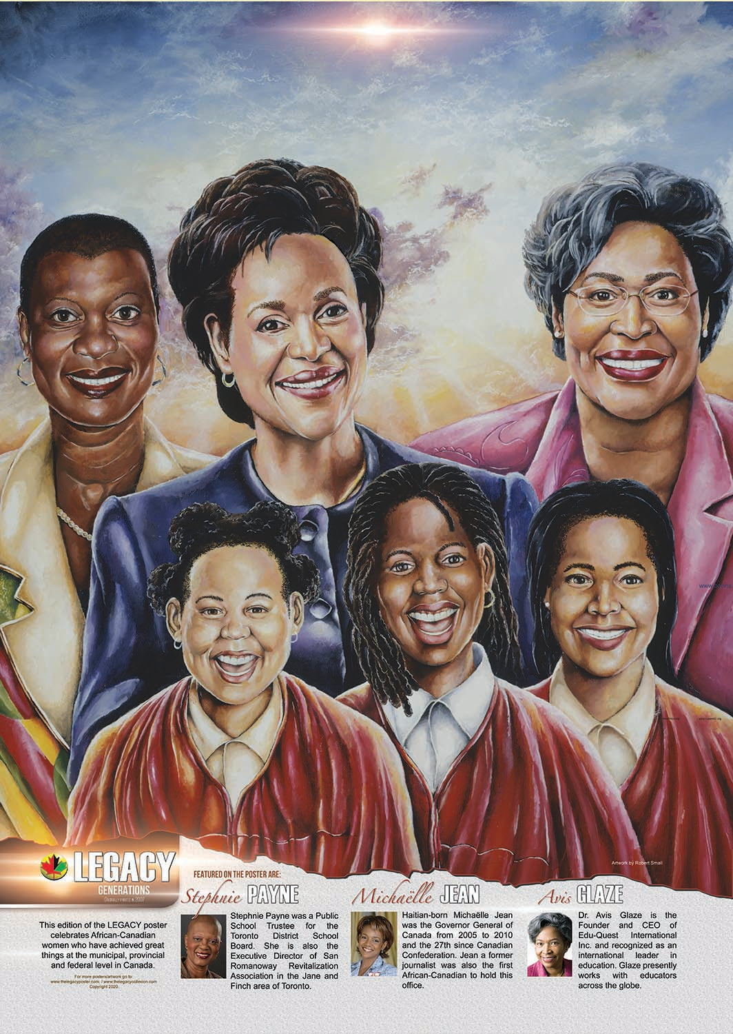“An educational poster, ideal for Black History Month featuring TDSB school board trustee and community activist Stephnie Payne, former Governor General Michaelle Jean, and former Director of the York Region District School Board and global educator, Dr. Avis Glaze created by African-Canadian artist Robert Small.”