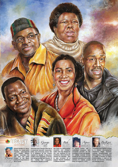 “An educational poster, ideal for Black History Month featuring historian, curator and artist Henry Bishop, professor Agnes Calliste, teacher and artist Bakari Lindsay, professor George Dei, and author/book store owner Itah Sadu created by African-Canadian artist Robert Small.”