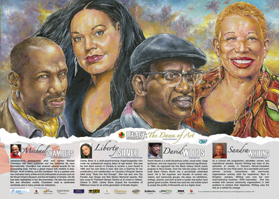 “An educational poster, ideal for Black History Month featuring photographer Michael Chambers, singer Liberty Silver, artist David Woods and story teller Sandra Whiting created by African-Canadian artist Robert Small.”