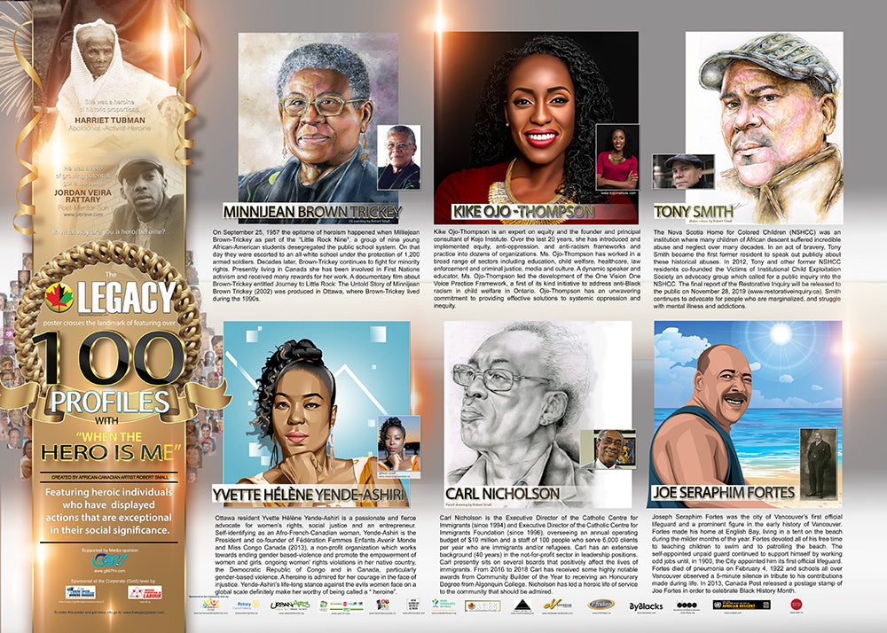 “An educational poster, ideal for Black History Month featuring Minnijean Brown-Trickey, Kike Ojo-Thompson, Tony Smith, Joseph Seraphim Fortes, Yvette Hélène Yende-Ashiri, and Carl Nicholson created by African-Canadian artist Robert Small.”