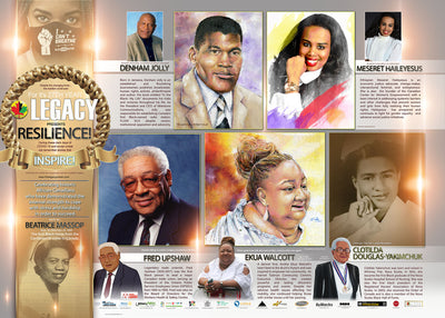 “An educational poster, ideal for Black History Month featuring businessman Denham Jolly, women’s advocate Meseret Haileyesus, icon of the labour movement Fred Upshaw, community activist Ekua Walcott, and nurses Beatrice Massop and Clotilda Douglas-Yakimchuk created by African-Canadian artist Robert Small.”